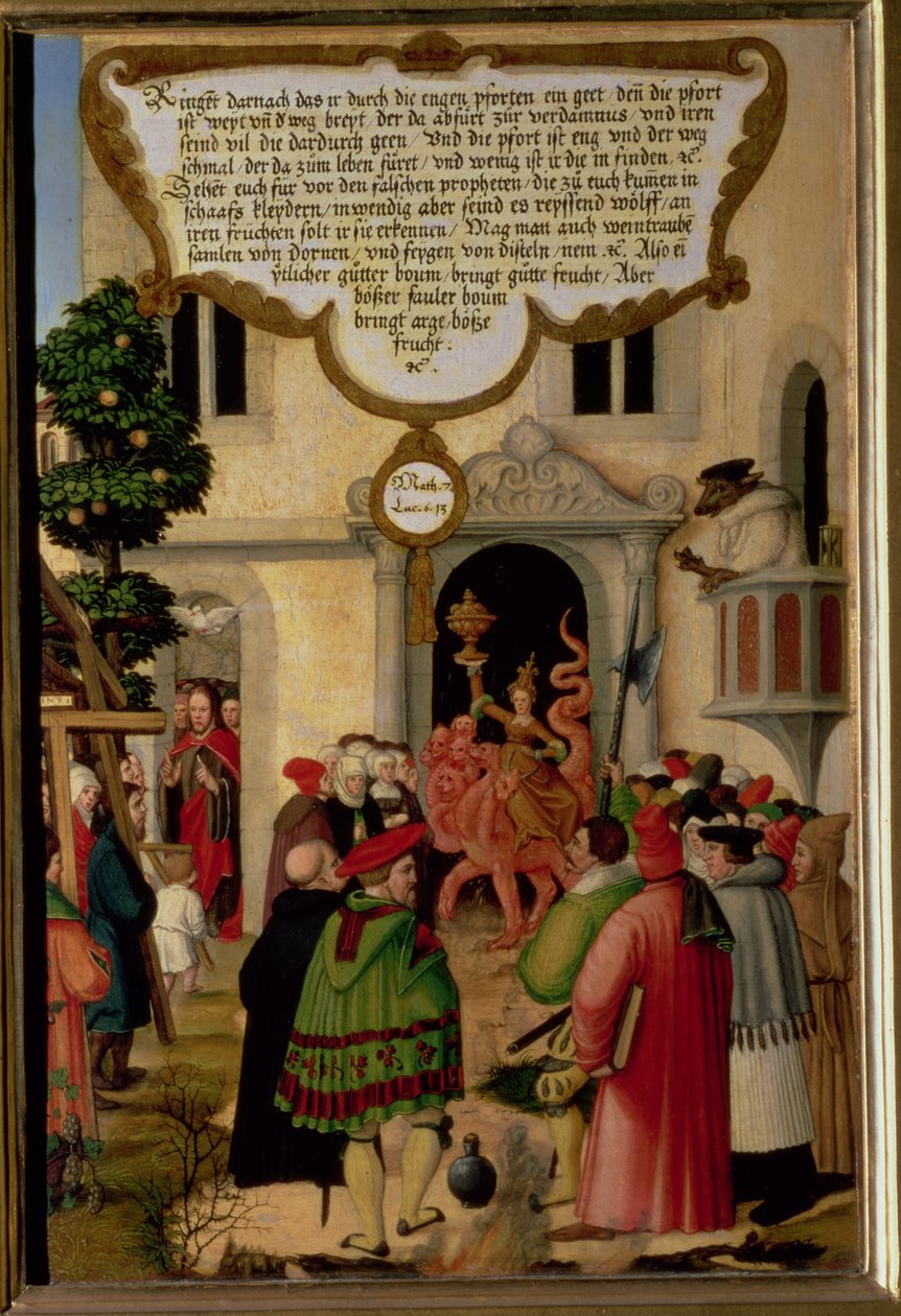 „Strzeż się fałszywych proroków; przychodzą do was w owczej skórze, ale w głębi serca są drapieżnymi wilkami” (Mt 7 w.15, Łk 6 w.13), ilustracja nauczania Chrystusa, fragment panelu skrzydła z t autorstwa Matthias Gerung or Gerou