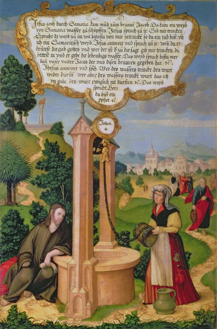 Chrystus i Niewiasta z Samarii przy Studni Jakuba, fragment panelu skrzydła Ołtarza Mompelgarter (panel) autorstwa Matthias Gerung or Gerou