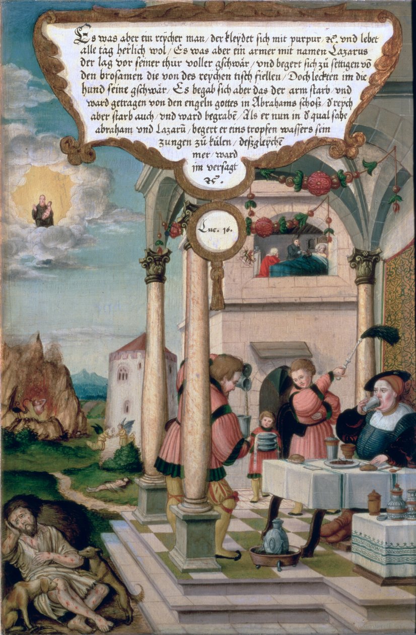 Łazarz i stół bogacza (Łk 16), fragment panelu skrzydła z ołtarza Mompelgarter (panel) (patrz także 72465-79) autorstwa Matthias Gerung or Gerou