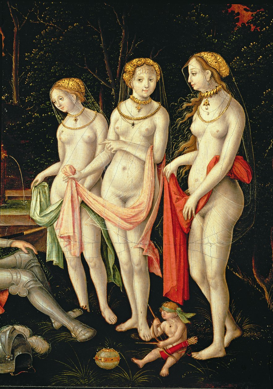 Zniszczenie Troi i sąd Paryża, detal przedstawiający Artemidę, Herę i Afrodytę, 1540 autorstwa Matthias Gerung or Gerou