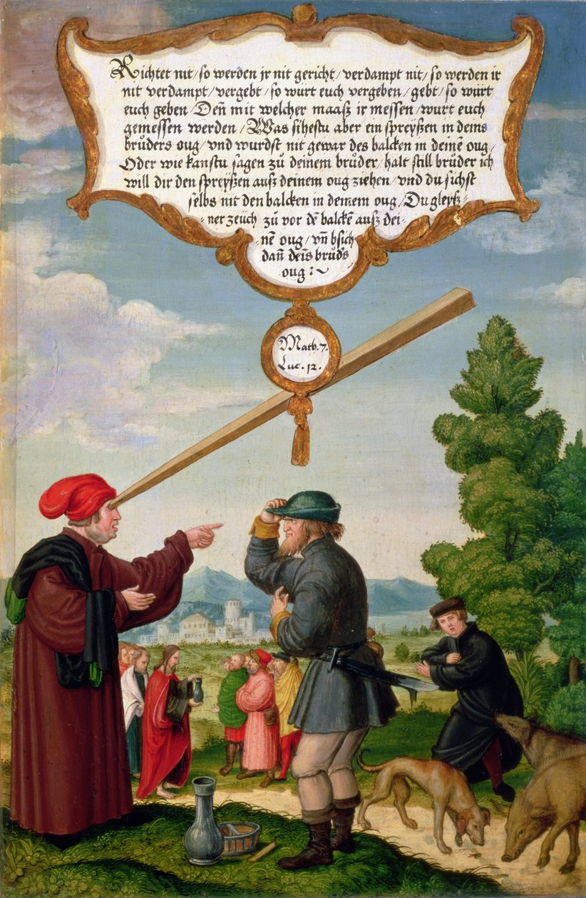„Dlaczego zauważasz drzazgę w oku swojego brata, a nie widzisz deski we własnym oku”, ilustracja nauczania Chrystusa (Mateusza 7, Łukasza 12) sekcja panelu skrzydła z Ołtarza Mompelgartera autorstwa Matthias Gerung or Gerou