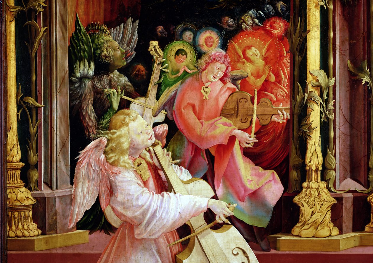 Aniołowie Muzycy, z Koncertu Aniołów z Ołtarza Isenheim, ok. 1512-16 autorstwa Matthias Grünewald