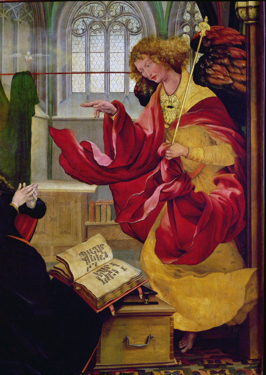 Archanioł Gabriel, detal ze Zwiastowania z Ołtarza w Isenheim, ok. 1512-16 autorstwa Matthias Grünewald