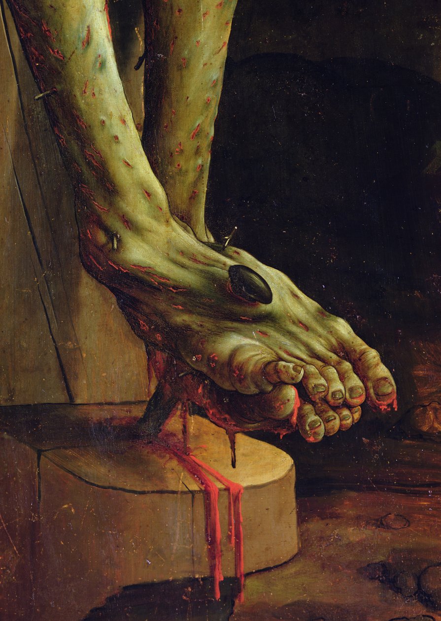 Fragment stopy Chrystusa ze sceny Ukrzyżowania ołtarza Isenheim, panel wewnętrzny, ok. 1512-15, olej na panelu autorstwa Matthias Grünewald