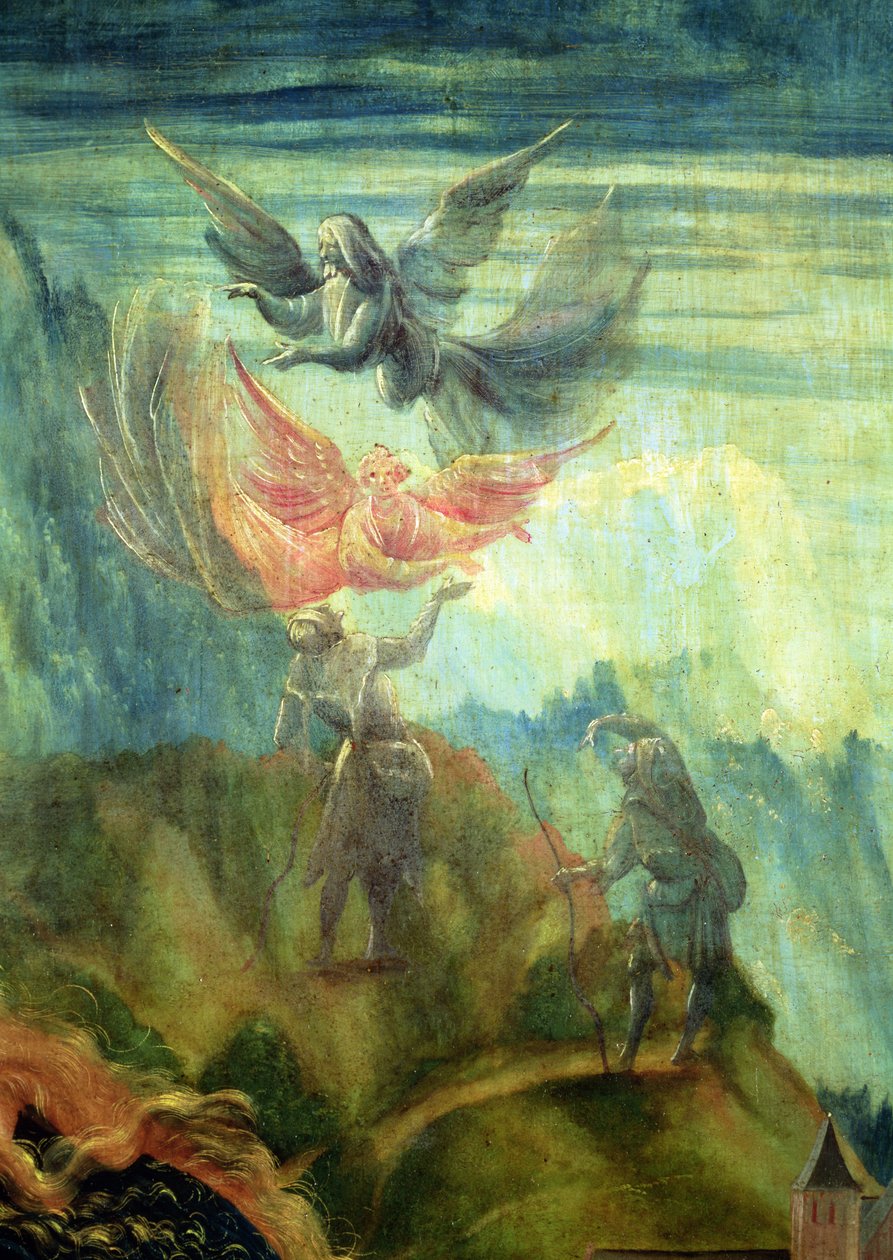 Fragment szopki z ołtarza Isenheim obwieszczenie pasterzom, ok. 1512-16, olej na desce autorstwa Matthias Grünewald