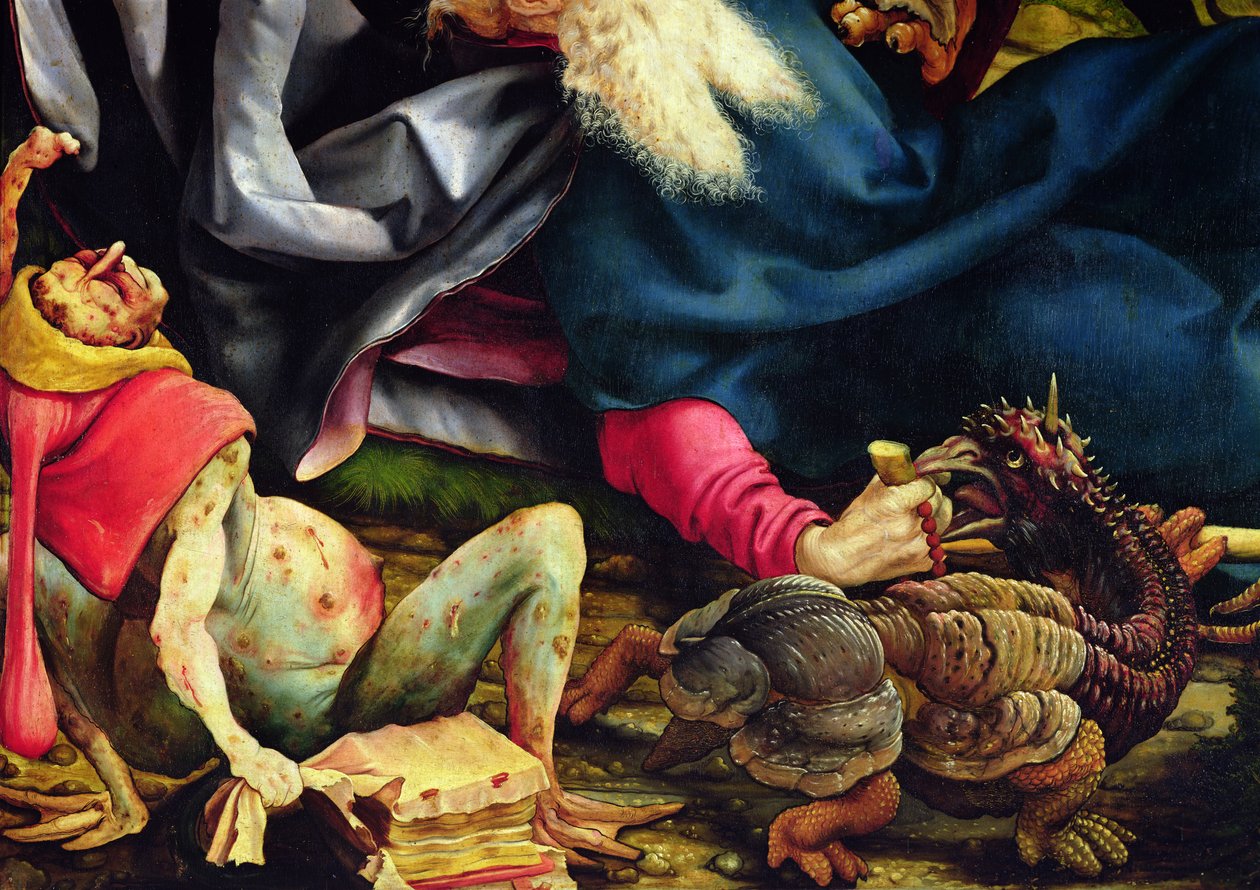 Fragment kuszenia św. Antoniego z ołtarza Isenheim, ok. 1512-16, olej na desce autorstwa Matthias Grünewald