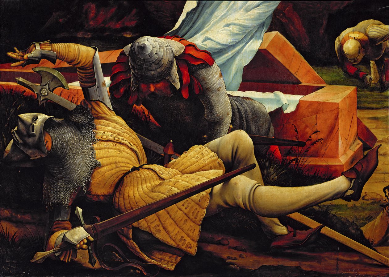 Żołnierze strzegący grobu Chrystusa podczas Zmartwychwstania, detal z Ołtarza w Isenheim, ok. 1512-16 autorstwa Matthias Grünewald