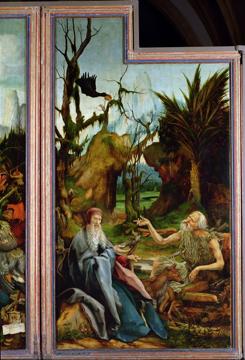 Św. Antoni i św. Paweł, fragment z Ołtarza Isenheim, ok. 1512-16 autorstwa Matthias Grünewald