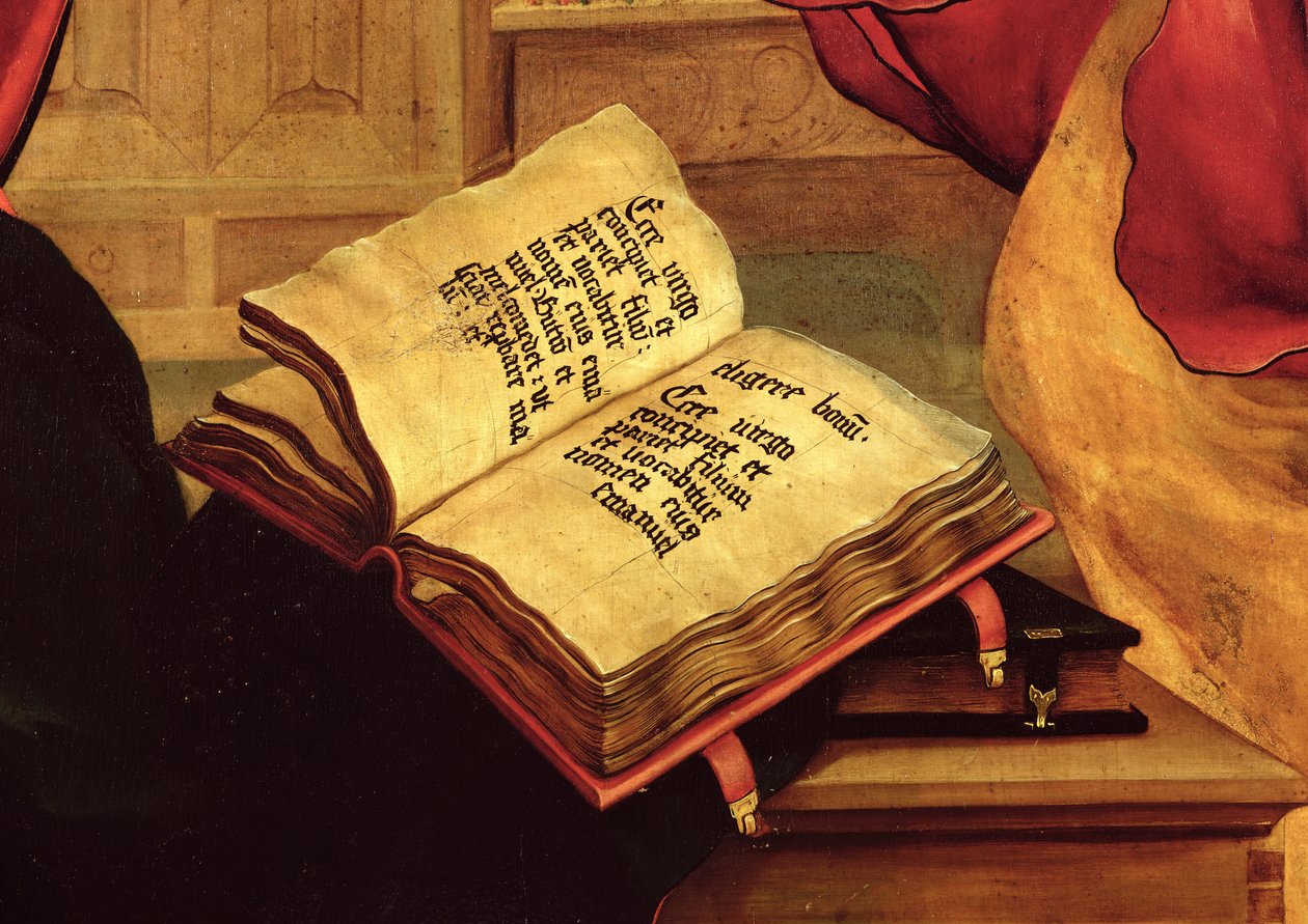 Księga Dziewicy, detal Zwiastowania z Ołtarza w Isenheim, ok. 1512-16 r. autorstwa Matthias Grünewald