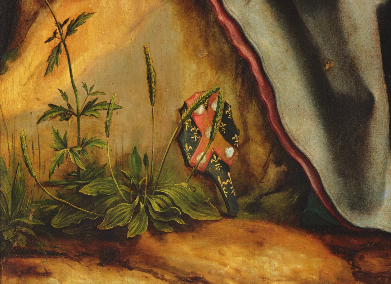 Wizyta św. Antoniego u św. Pawła pustelnika. Fragment herbu Guido Gersi z ołtarza Isenheim, ok. 1512-16, olej na panelu autorstwa Matthias Grünewald
