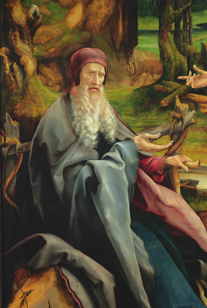 Wizyta św. Antoniego u św. Pawła pustelnika, fragment ołtarza z Isenheim, ok. 1512-16 (olej na drewnie) autorstwa Matthias Grünewald