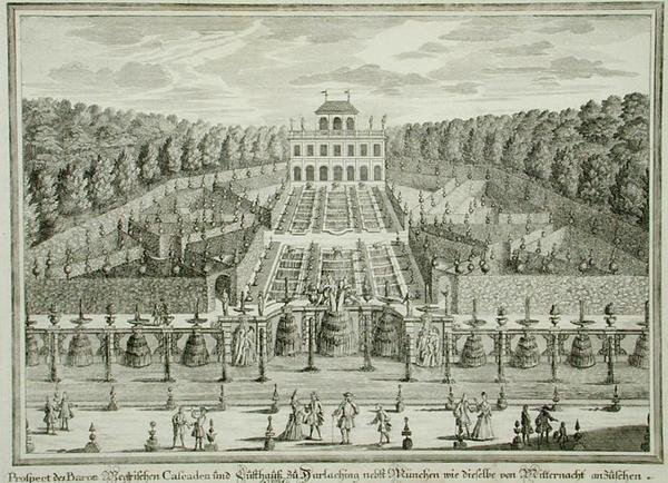 Widok na rezydencję książęcą w pobliżu Monachium, z "Erlustierende Augenweide in Vorsetellung Herrliche Garten", rycina Karla Remsharda (1678-1735), wydana ok. 1725 r. (rycina) autorstwa Matthias (after) Diesel