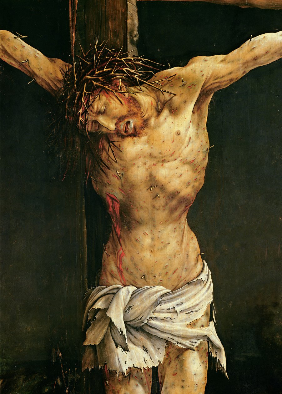 Chrystus na krzyżu, detal z centralnego panelu Ukrzyżowania w Ołtarzu z Isenheim, ok. 1512-15 (olej na płycie) autorstwa Matthias (c.1480-1528) Grunewald