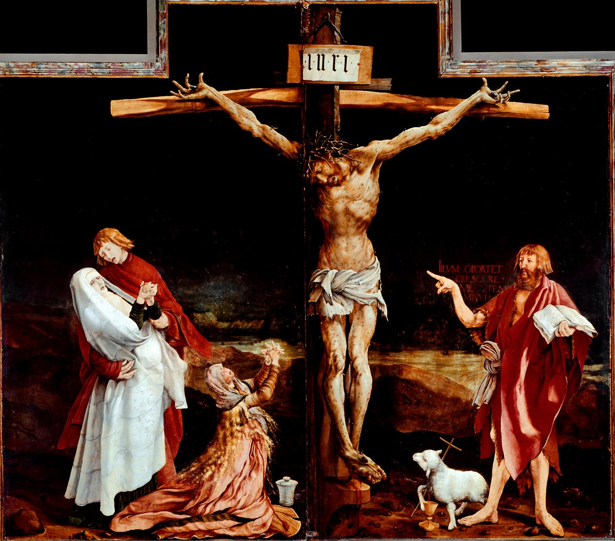 Ołtarz Issenheim (lub Isenheim): centralny panel przedstawiający ukrzyżowanie - Napis „”INRI”” na krzyżu - Obraz na drewnie Mathisa Neithardta Gothardta dit Matthias Grunewald (ok. 1480-1528) 1512-1516 Wymiary 269x307 cm Colmar, Musee Unterlinden autorstwa Matthias (c.1480 1528) Grunewald