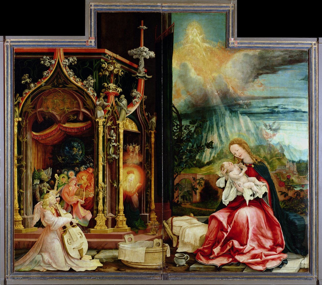 Szopka i koncert aniołów z Ołtarza z Isenheim, panel środkowy (olej na panelu) autorstwa Matthias (c.1480 1528) Grunewald