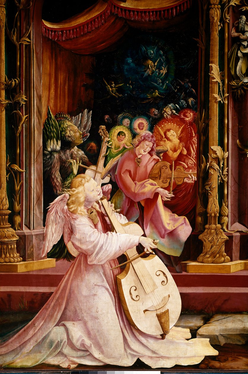 Ołtarz Issenheim (lub Isenheim): „” La Nativite”” Szczegół koncertu muzyków Angels. Anioł pośrodku gra na altówce gamba. Panele autorstwa Mathisa Neithardta Gothardta dit Matthiasa Grunewalda (1480-1528) (e.all.) 1512-1516 Wym. 265x304 cm Kol autorstwa Matthias (c.1480 1528) Grunewald