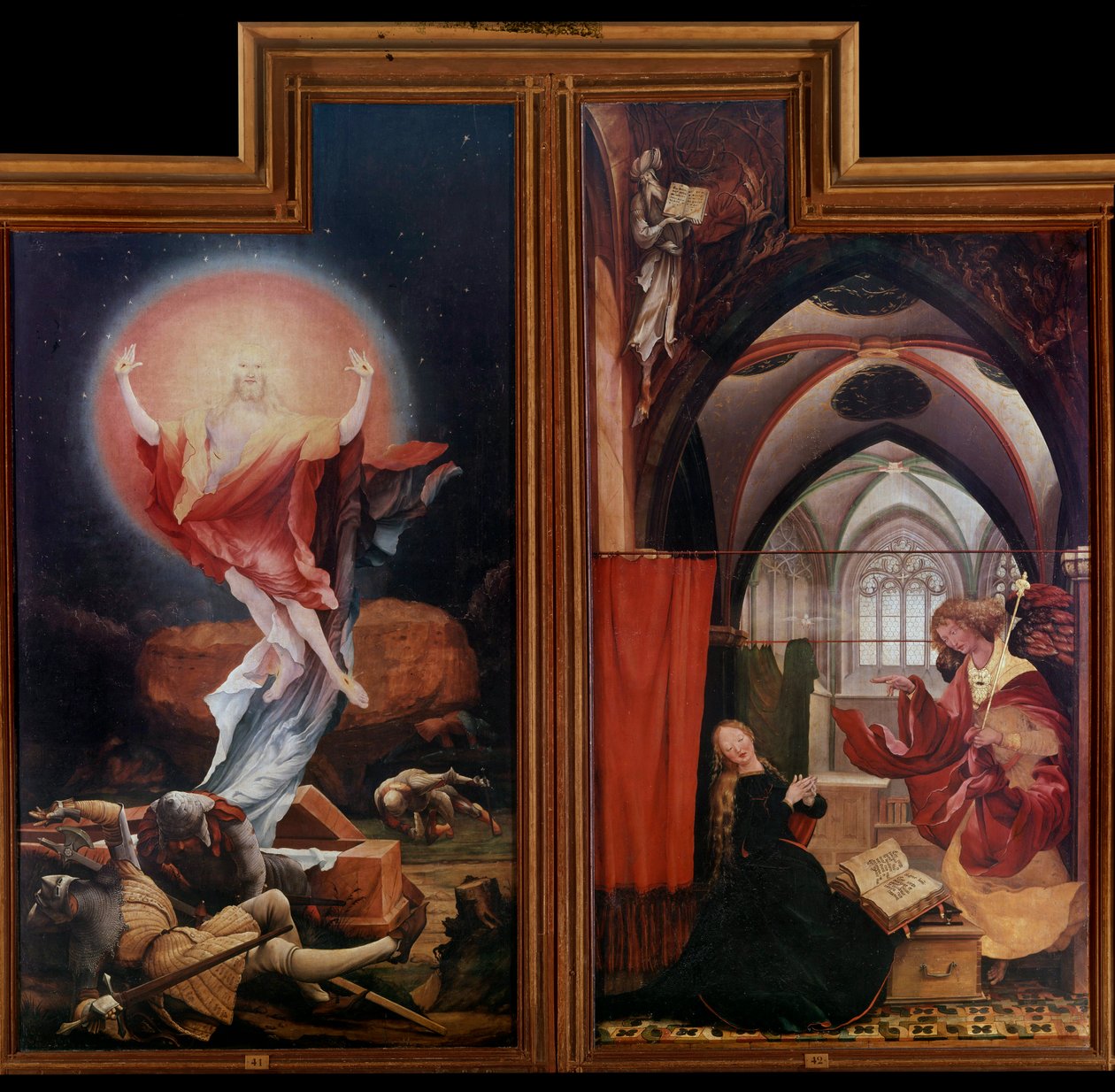 Ołtarz Issenheim (lub Isenheim): „”Zmartwychwstanie””„”Zwiastowanie”” Panele autorstwa Mathisa Neithardta Gothardta dit Matthiasa Grunewalda (1480-1528) (np.) 1512-1516 Colmar, Musee Unterlinden autorstwa Matthias (c.1480 1528) Grunewald