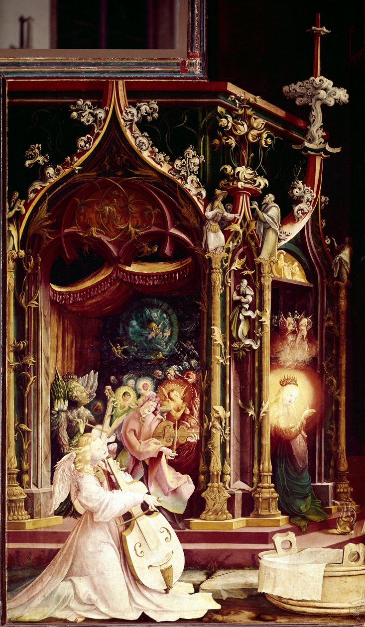 Koncert muzyków Aniołów, w szopce, szczegół. Ołtarz Issenheim (olej na desce) autorstwa Matthias (c.1480 1528) Grunewald