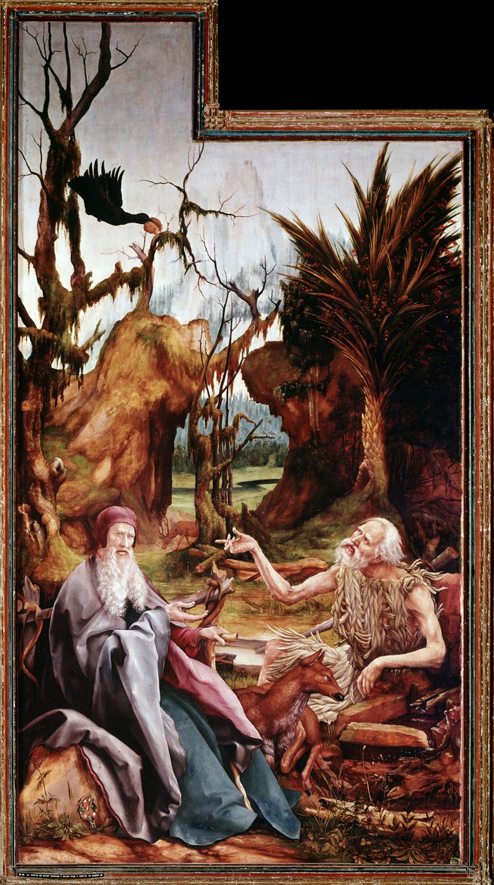Św. Antoni Wielki i Św. Paweł na pustyni, Ołtarz z Issenheim (olej na desce) autorstwa Matthias (c.1480 1528) Grunewald