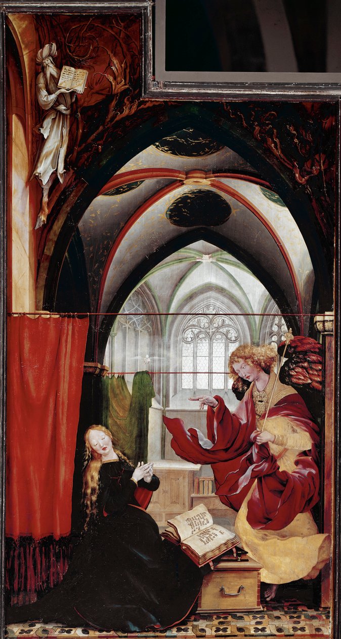 Zwiastowanie, Ołtarz Issenheim (olej na desce) autorstwa Matthias (c.1480 1528) Grunewald