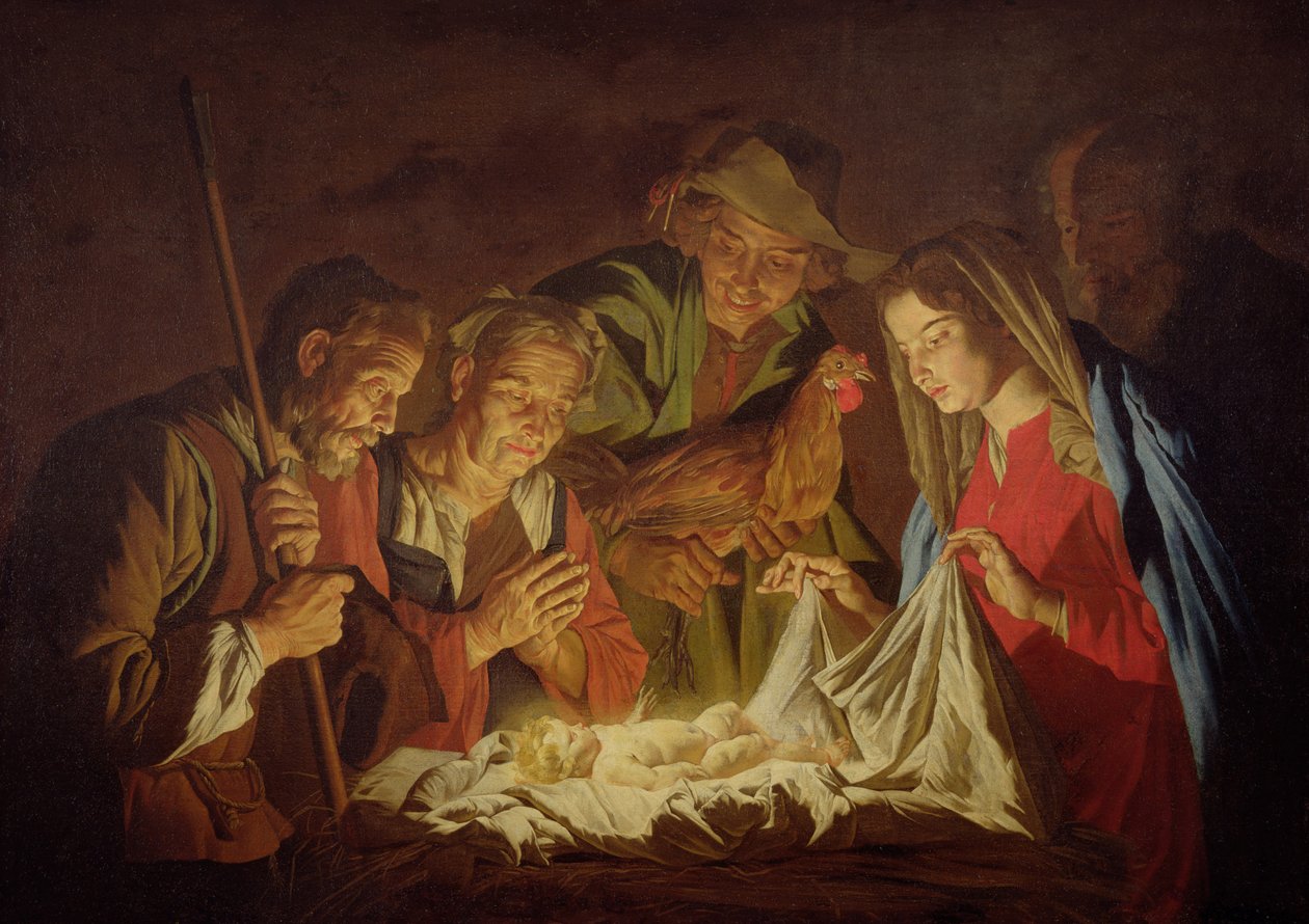 Adoracja pasterzy (olej na płótnie) autorstwa Matthias (c.1600 p.1650) Stomer