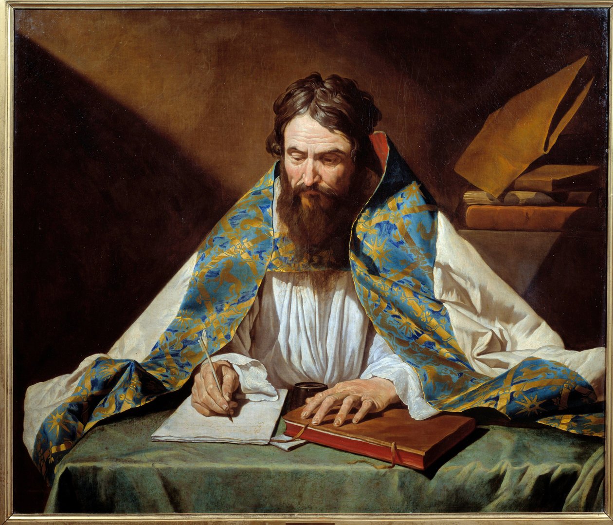 Portret św. Ambrożego (340-397), wigilia Mediolanu - Obraz Mathiasa Stomera (Matthias Stom) (1600-1650) Ec Flam, około 1633-1639 - Olej na płótnie - Słońce: 1,10x1,30m - Rennes, Musee des Beaux Arts - Portret św. Ambrożego (lub Ambroise, 340-397), biskupa autorstwa Matthias (c.1600 p.1650) Stomer