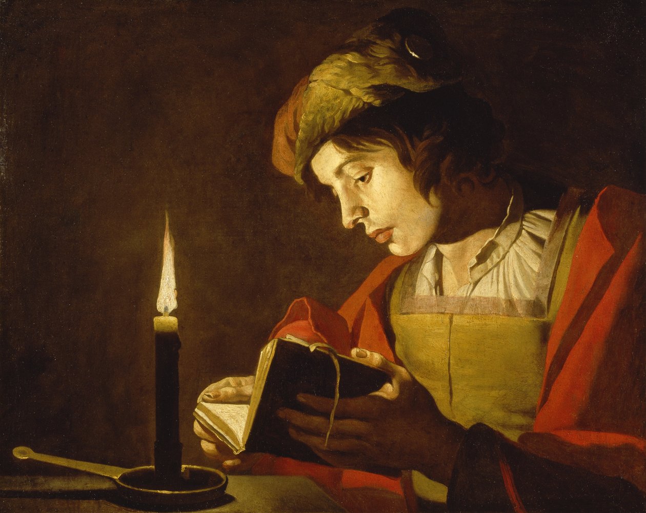 Młody mężczyzna czytający przy świecach – Młody mężczyzna czytający przy świecach, Matthias Stom (Stomer) (ok. 1600 – po 1650). Olej na płótnie, ok. 1630. Rozmiar: 58,5 x 73,5 cm. Muzeum Narodowe w Sztokholmie autorstwa Matthias (c.1600 p.1650) Stomer