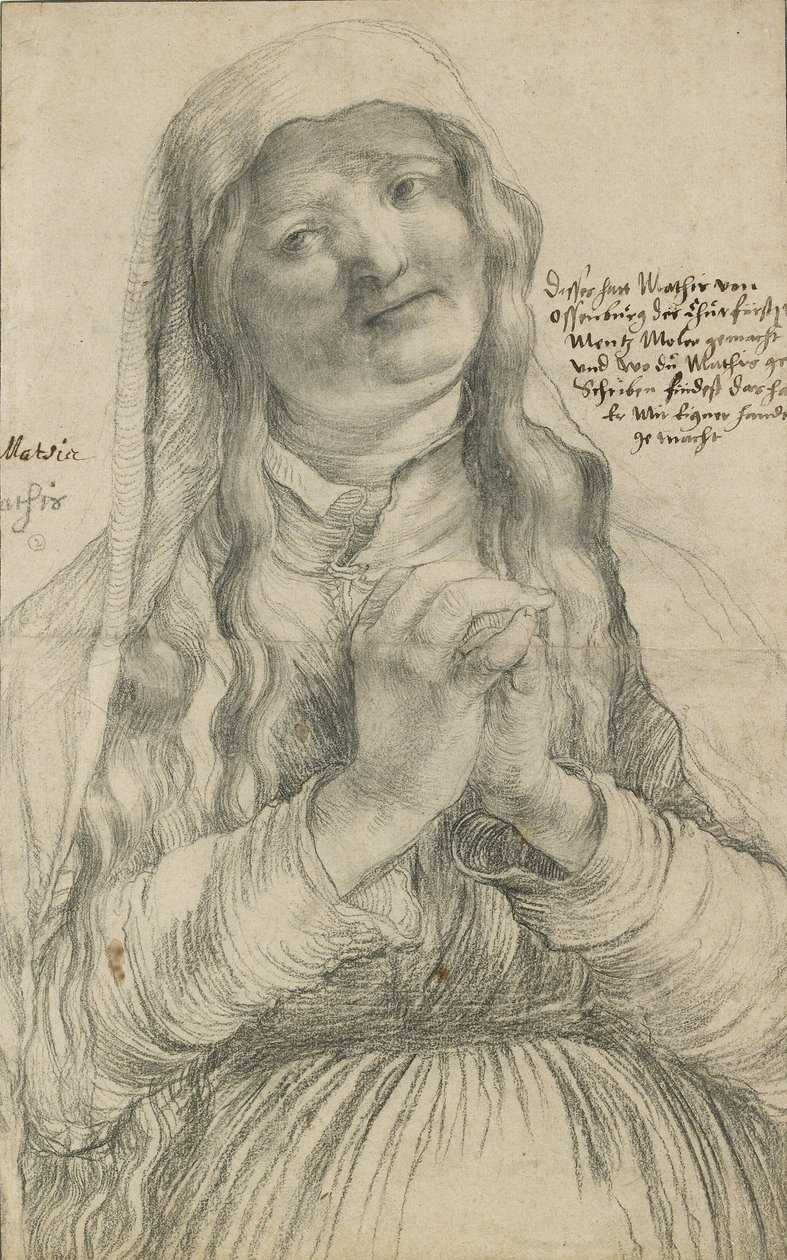 Starsza kobieta ze splecionymi rękami, ok. 1512 (czarna kreda na papierze) autorstwa Matthias Grünewald