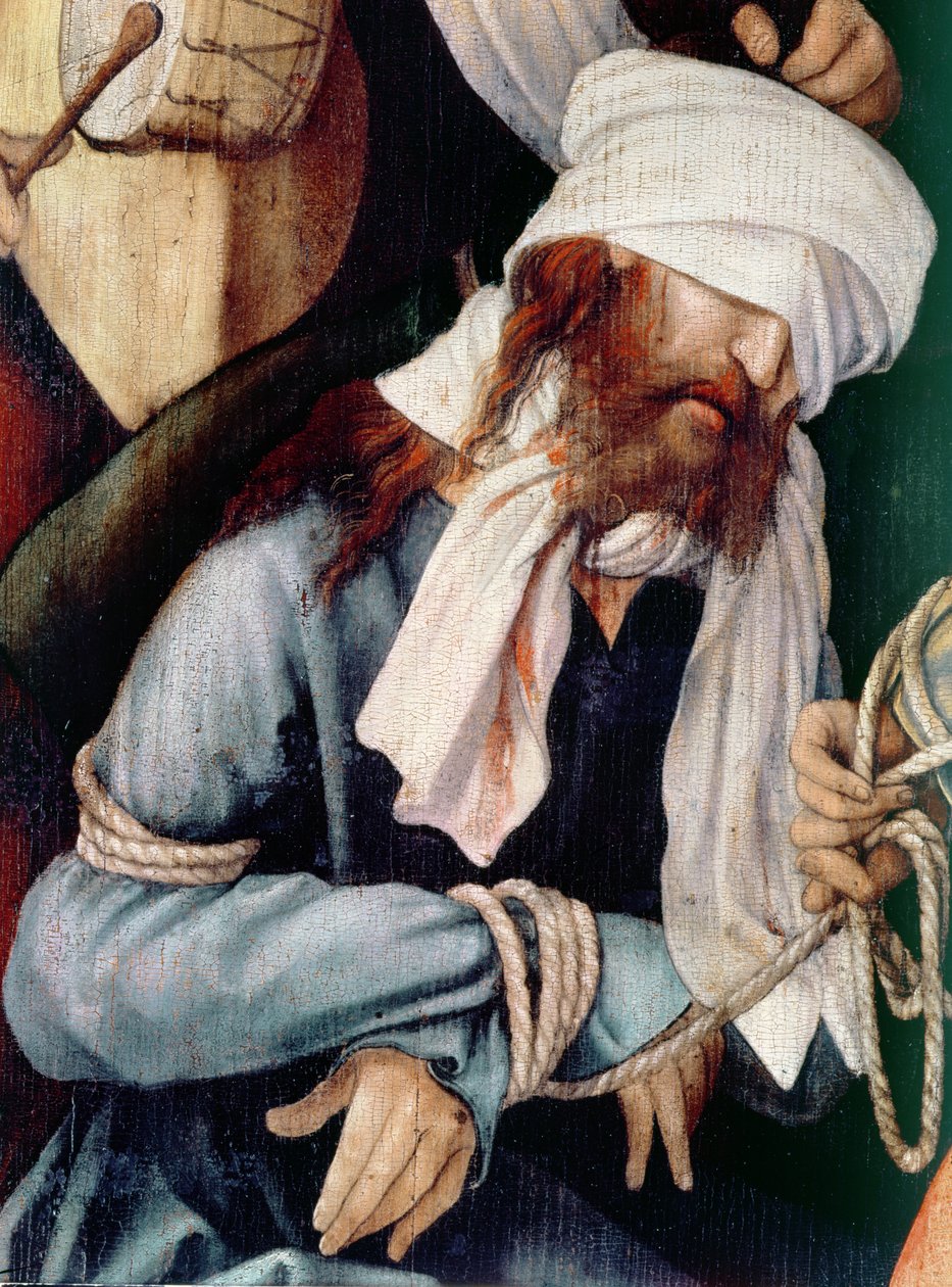Detal obraz olejny na płótnie „Kpiący z Chrystusa” autorstwa Matthias Grünewald