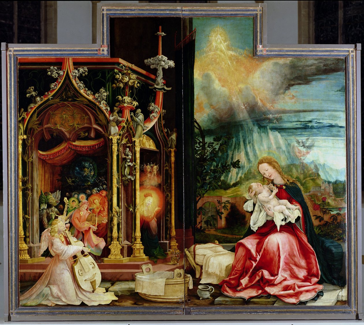 Ołtarz z Isenheim. Panel centralny: Koncert Aniołów i Narodzenia, 1506-1515 autorstwa Matthias Grünewald