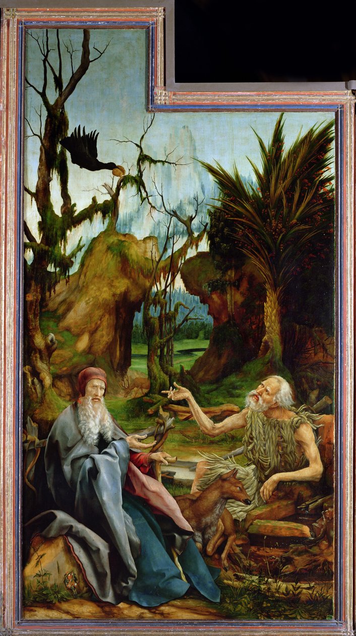 Ołtarz z Isenheim. Lewe skrzydło: Spotkanie św. Antoniego i św. Pawła Anchorytę w Des autorstwa Matthias Grünewald