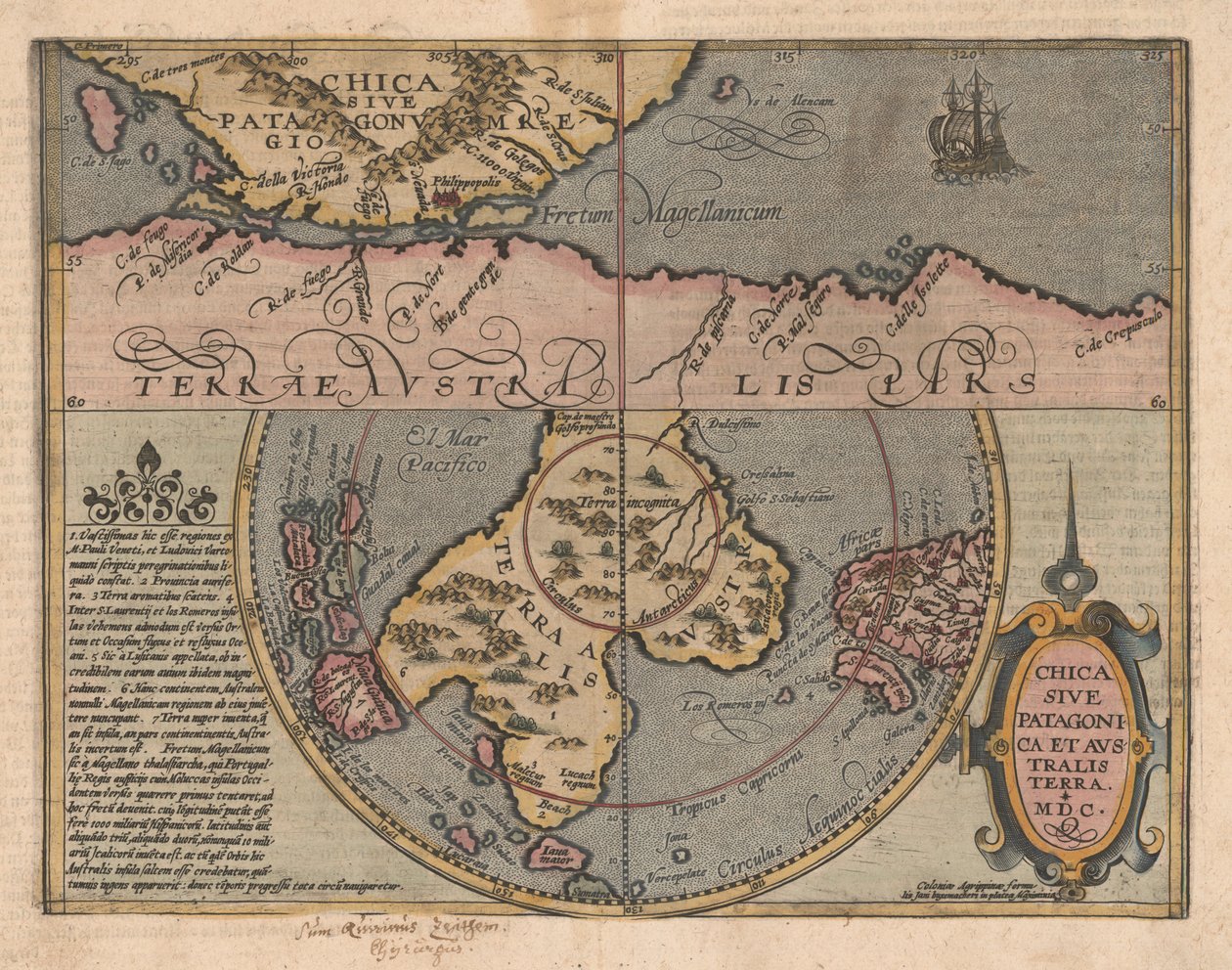 Chica sive Patagonica et Australis Terra Z Podręcznika geograficznego, 1600 autorstwa Matthias Quad