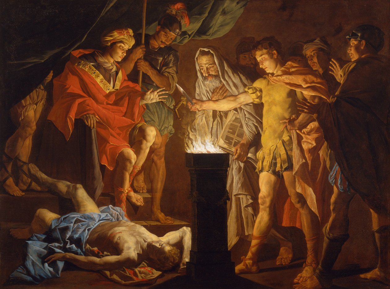 Mucius Scaevola w obecności Larsa Porsenny, lata 40. XVII wieku autorstwa Matthias Stomer