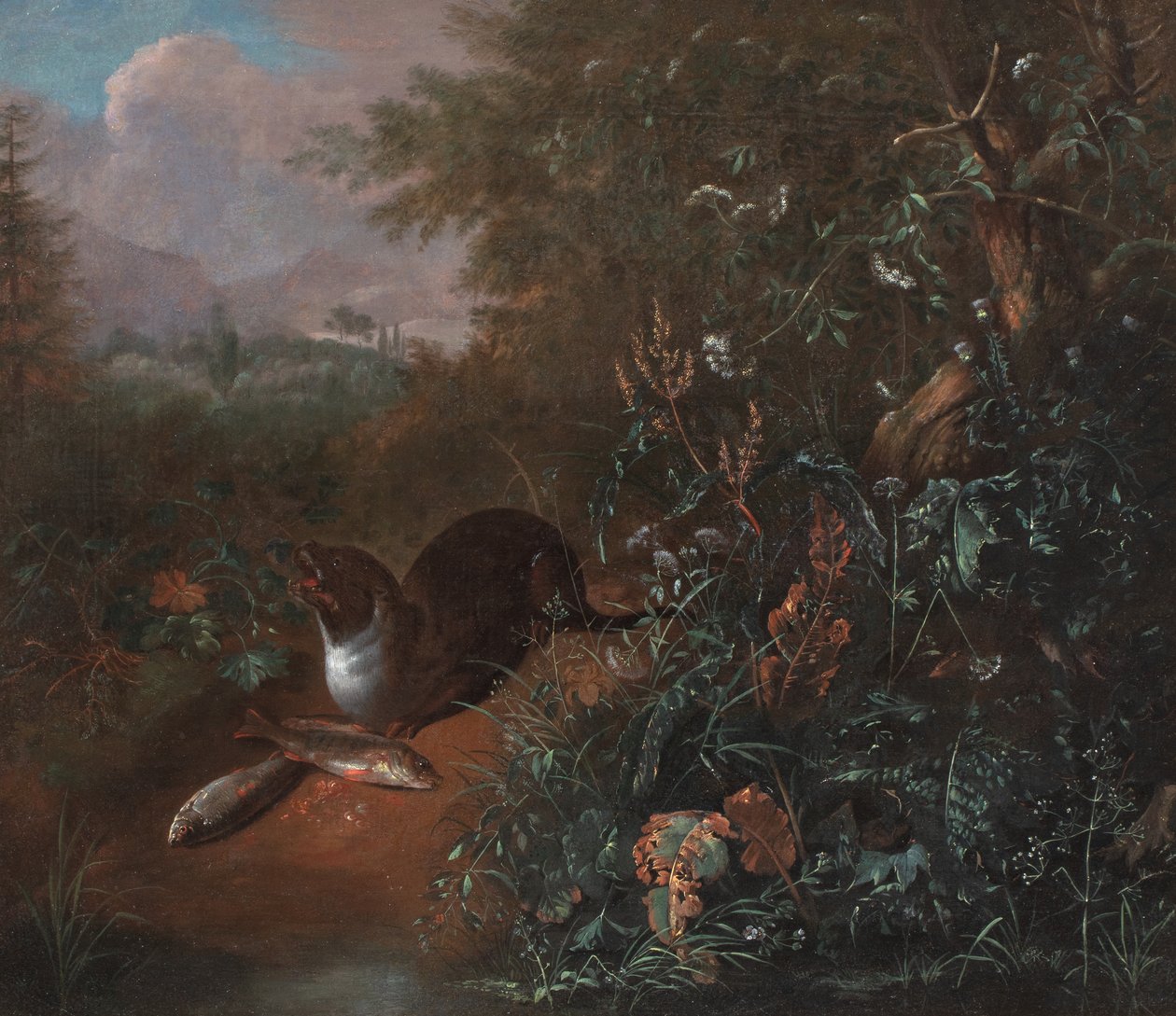 Leśna martwa natura z wydrą i dwiema rybami, ok. 1650-1700 (olej na płótnie) autorstwa Matthias Withoos