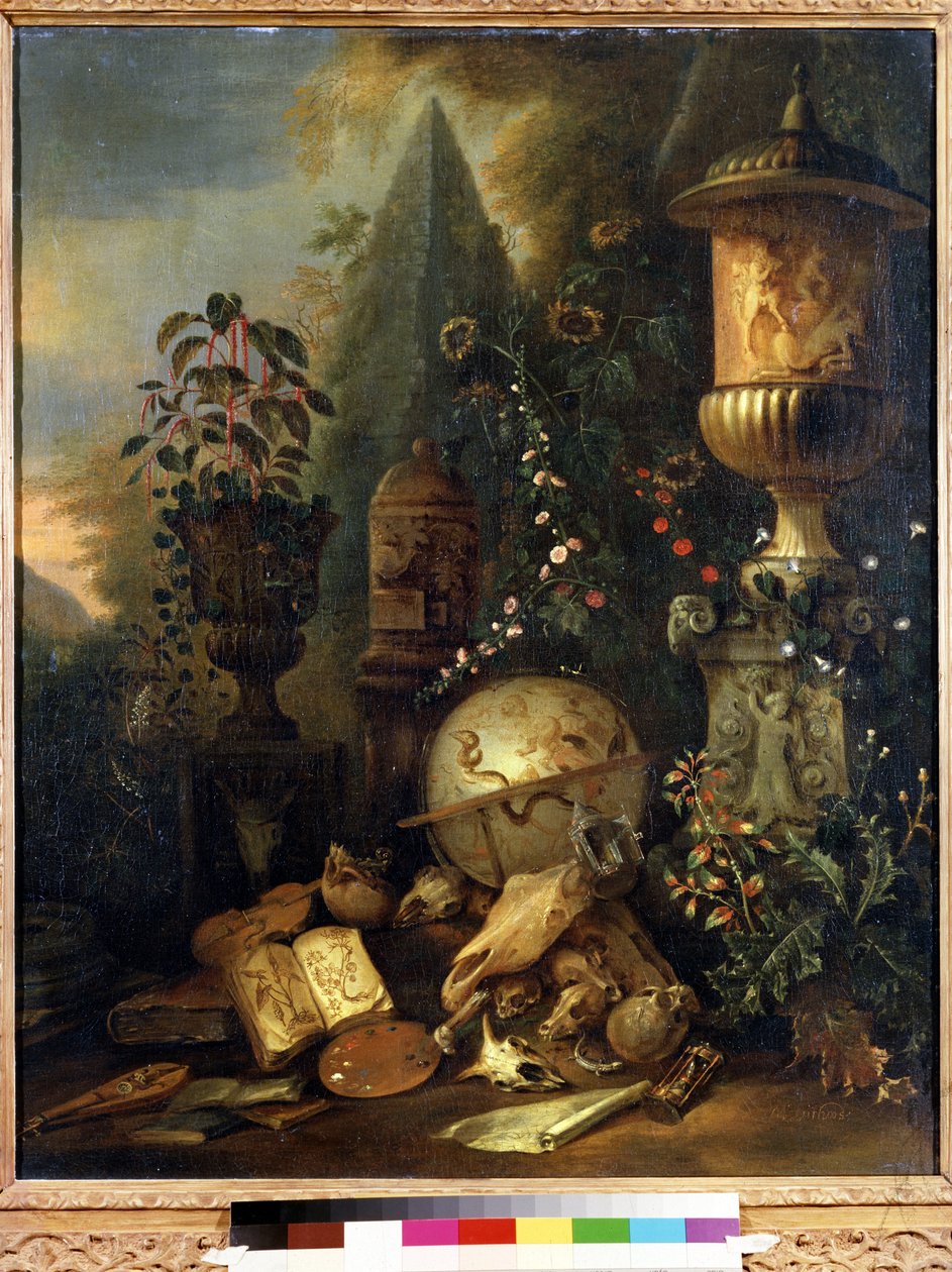 Vanitas, martwa natura z wazonem (Vanitas, martwa natura z wazonem). Obraz Matthiasa Withoos (1627-1703). Olej na płótnie, 83 x 67 cm. XVII-wieczna sztuka holenderska. Muzeum Sztuk Pięknych im. Puszkina w Moskwie. autorstwa Matthias Withoos