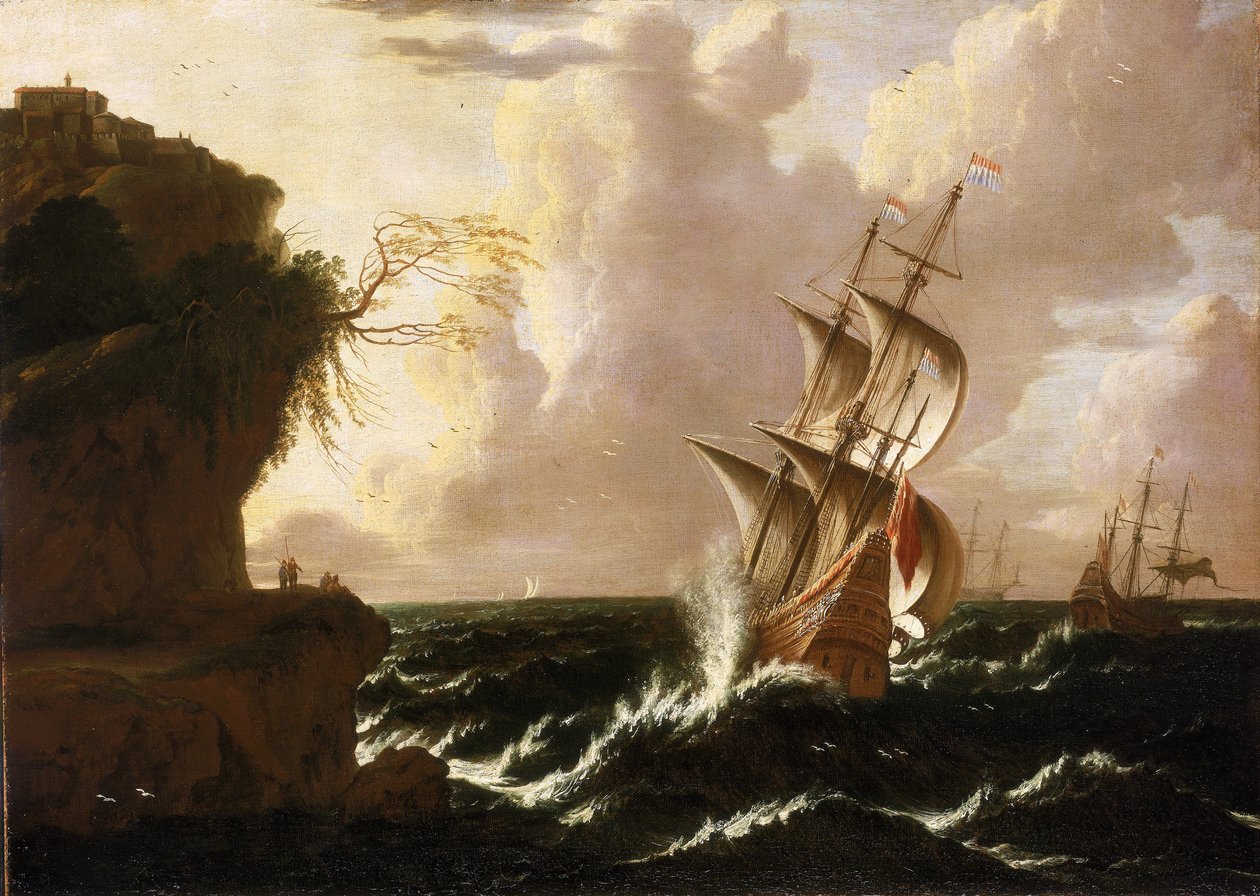 Holenderski statek podczas sztormu, na tle klifu zwieńczonego ufortyfikowanymi budynkami. Olej na płótnie, autor: Matthieu van Plattenberg (1608-1660). autorstwa Matthieu van (c.1608 60) Plattenberg