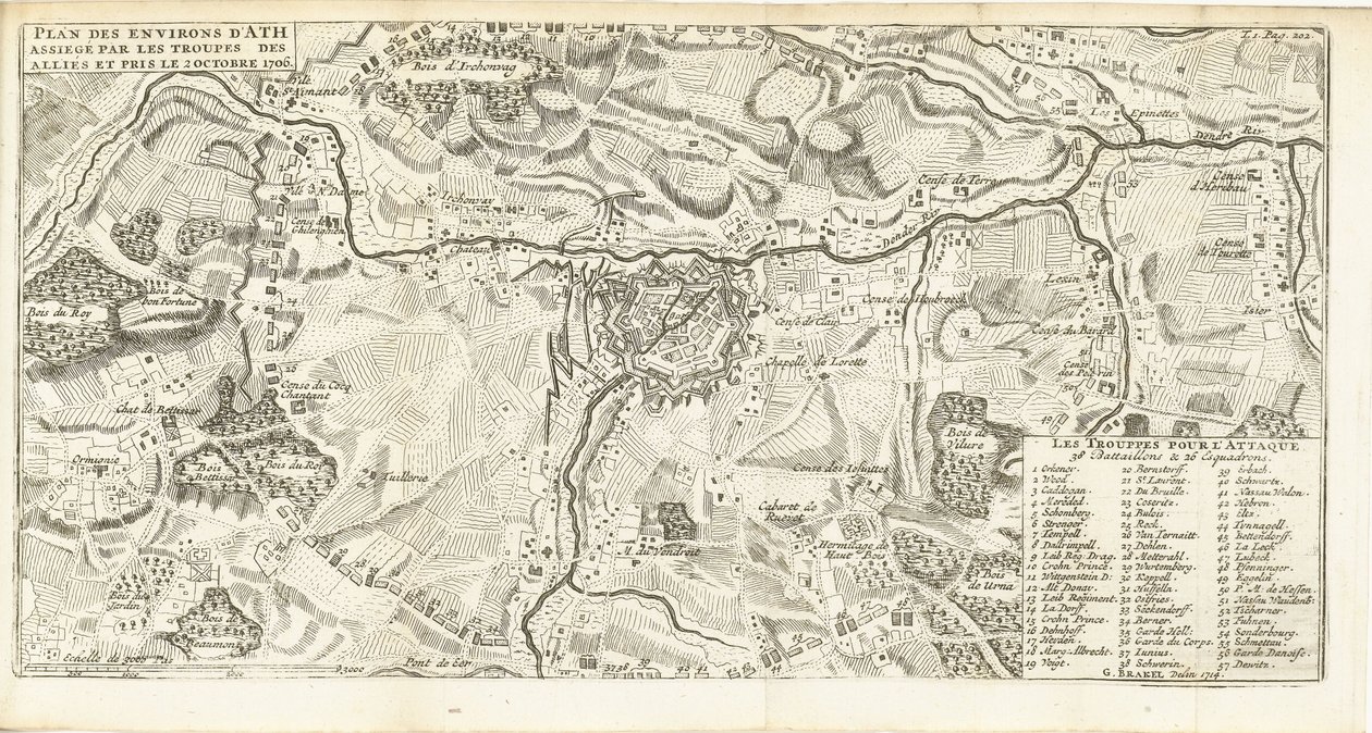 Beleg van Ath, 1706 Plan okolic Ath obleganych przez wojska aliantów i zdobytych 2 października 1706 r. (tytuł na obiekcie) autorstwa Matthijs Pool (possibly)