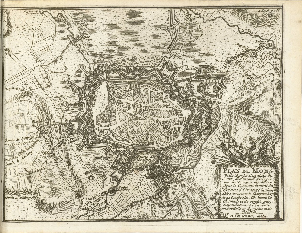Belega van Bergena, 1709 Mapa Mons Ville Forte (...) Oblężone przez oddziały Alliez. pod dowództwem Księcia Orańskiego (...) (tytuł na obiekcie) autorstwa Matthijs Pool (possibly)