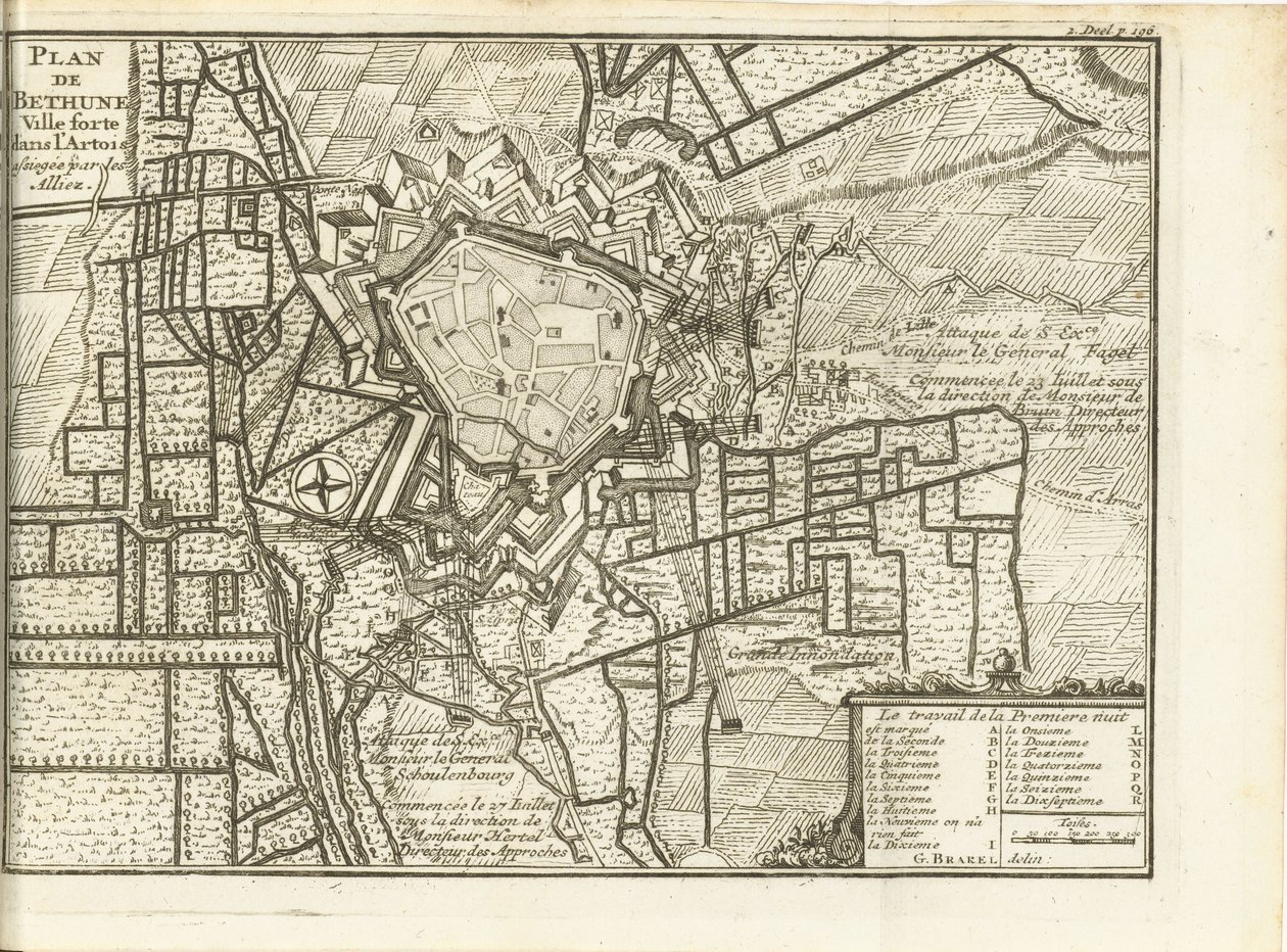Beleg van Bethune, 1710 Mapa ufortyfikowanego miasta Bethune w Artois obleganego przez aliantów (tytuł na obiekcie) autorstwa Matthijs Pool (possibly)