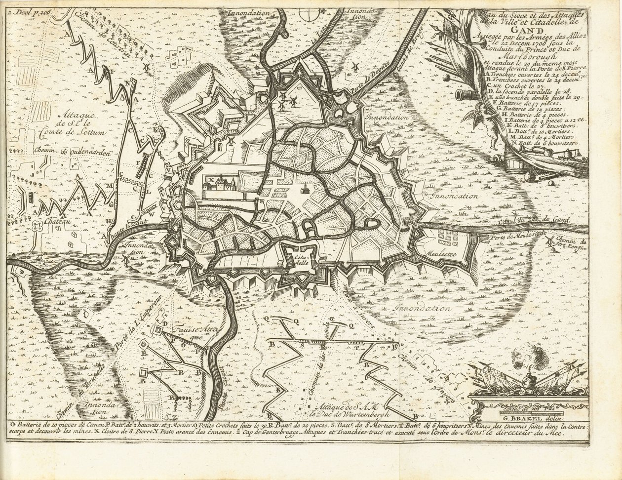 Beleg van Gent, 1708 Mapa oblężenia i ataków na miasto i cytadelę Gandawy oblegane przez wojska aliantów w dniu 22 grudnia 1708 r. pod przewodnictwem księcia i księcia Marlborough (tytuł na obiekcie) autorstwa Matthijs Pool (possibly)