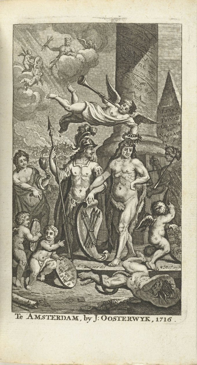Grawerowana strona tytułowa J. Lamigue: Życie Zyne Hoogheit Johan Willem Friso, 1716 autorstwa Matthijs Pool