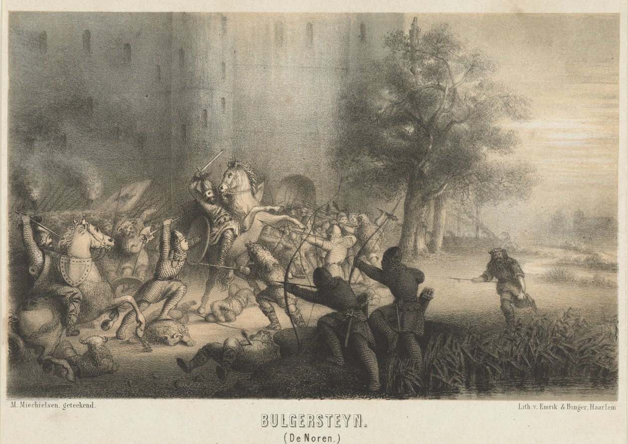 Bulgersteyn oblegany przez Normanów, ok. 810 Bulgersteyn (Norwegowie) (tytuł na obiekcie) autorstwa Matthijs Willem Gerardus Michielsen