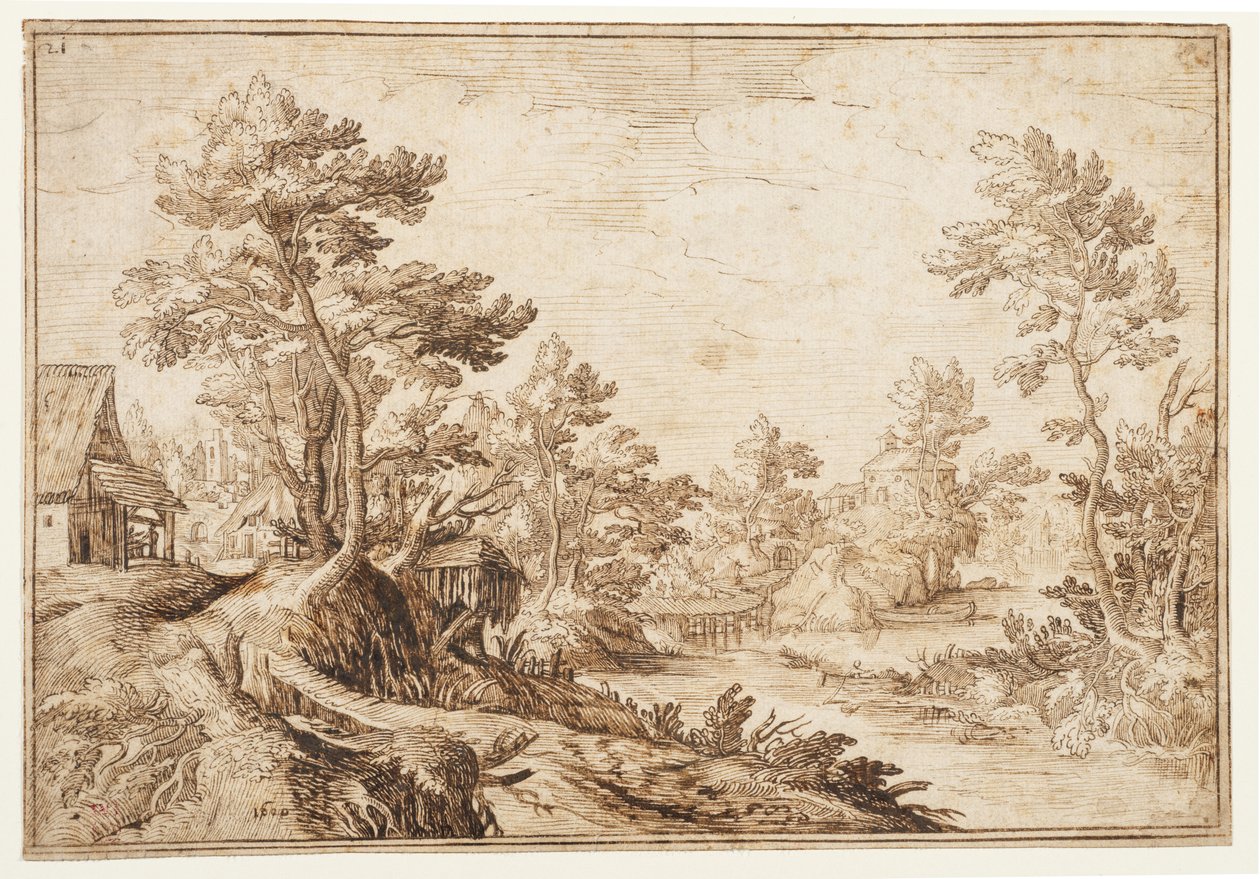 Krajobraz z rzeką i wioską, ok. 1501-1600 (czarna kreda, pióro i brązowy tusz na papierze) autorstwa Matthijs the younger (after) Bril