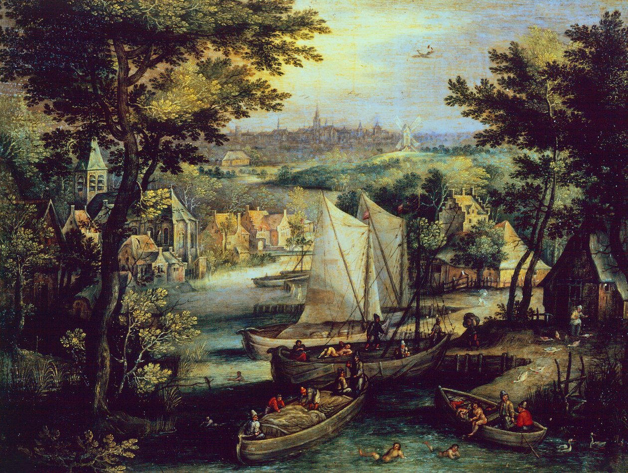 Krajobraz rzeczny, Mathys Bril Younger (1550-1583), olej na miedzi autorstwa Matthijs the younger Bril