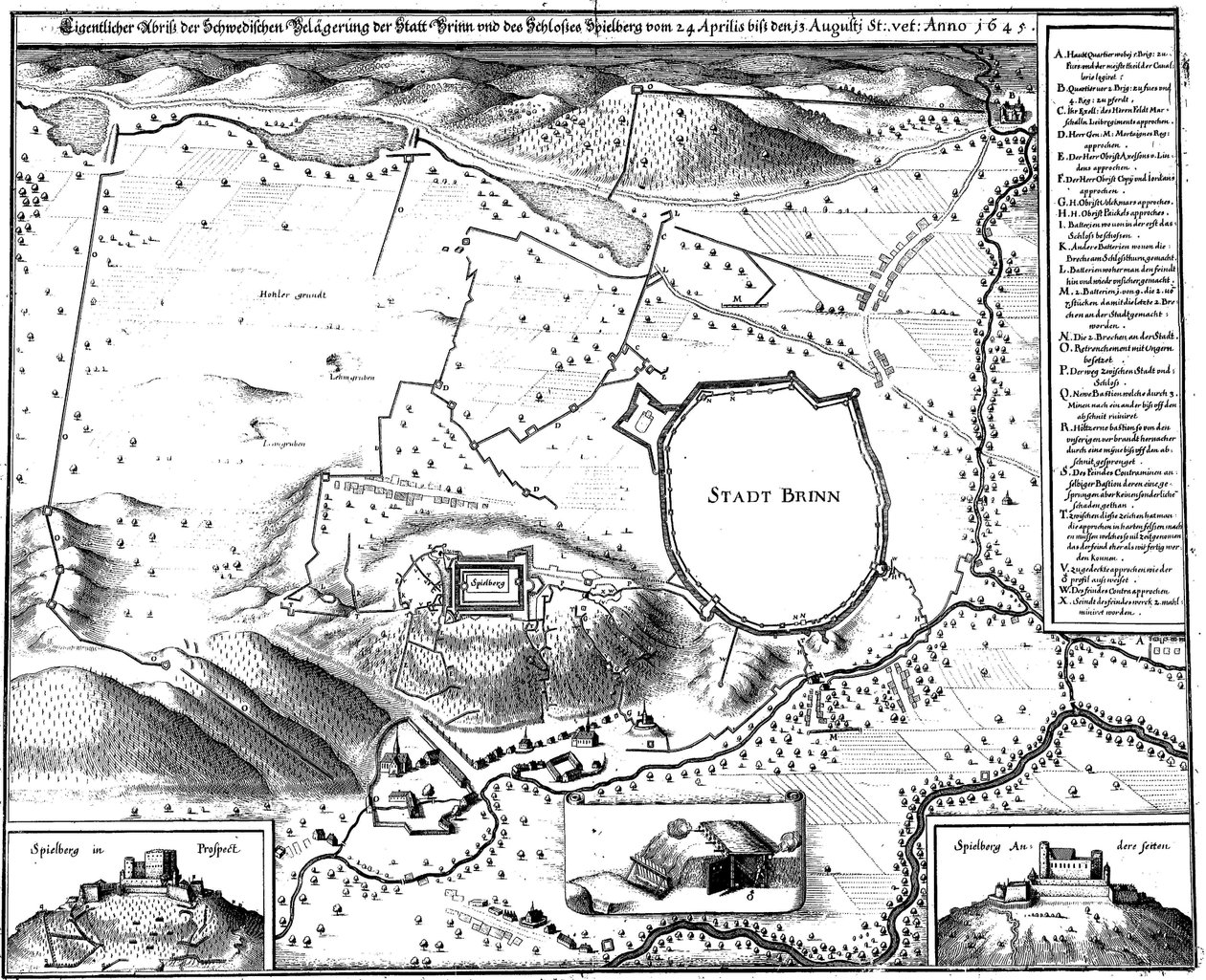 Plan Brna w 1645 roku, podczas oblężenia przez Szwedów, autorstwa Meriana autorstwa Matthaus Merian