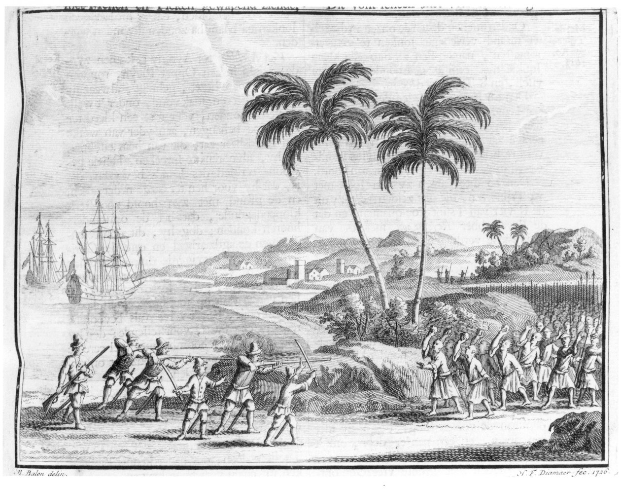 Holenderska grupa desantowa wpadnięta w zasadzkę w Indiach Wschodnich, z „Oud en Nieuw Oost-Indien 1724-26” autorstwa Valentijna, grawerowana przez Diamaera, 1726 autorstwa Matthys Balen