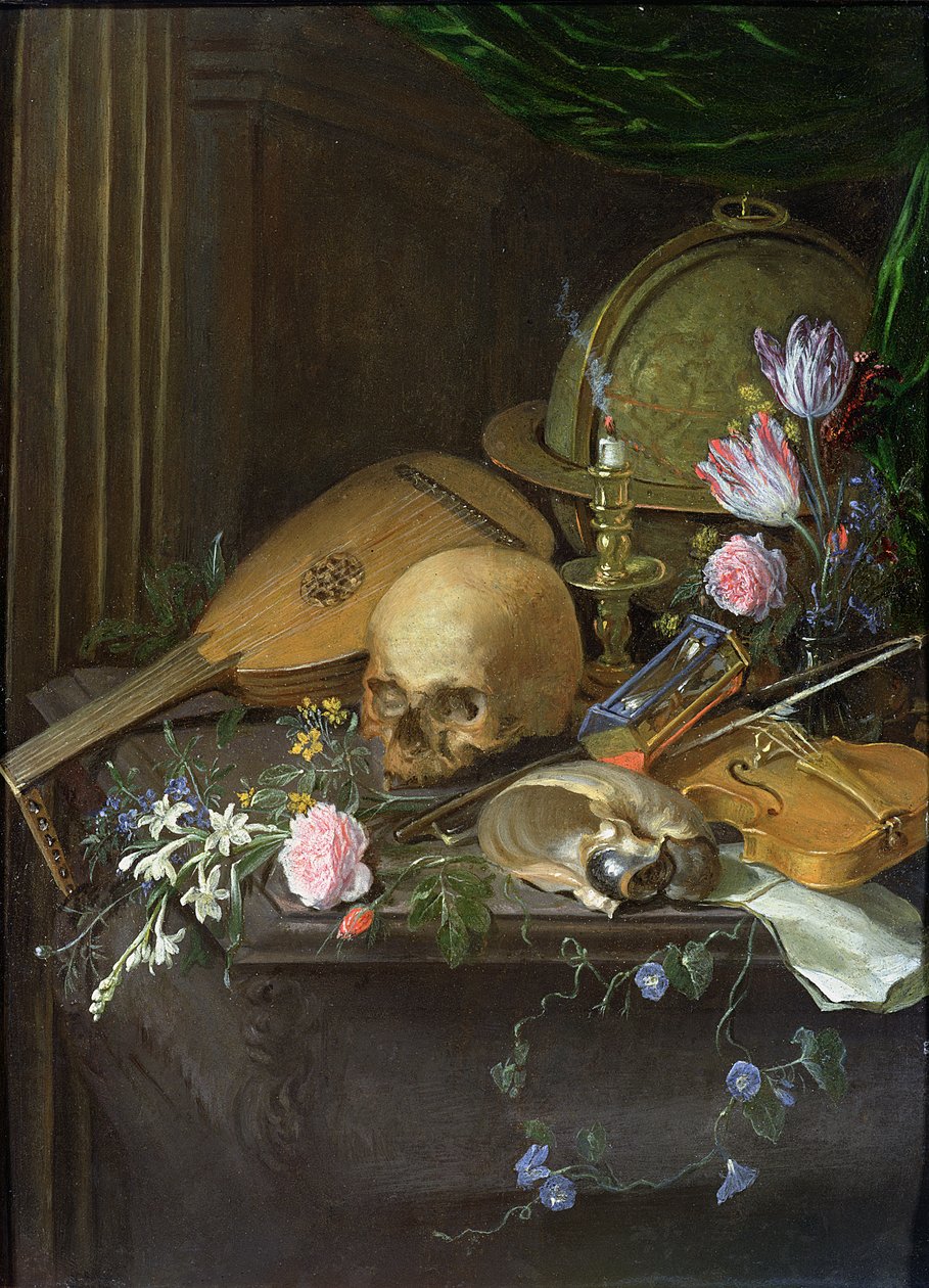 Martwa natura Vanitas z łodzikiem i lutnią autorstwa Matthys Naiveu