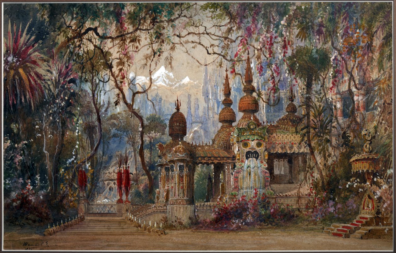 Scenografia do opery Rusłan i Ludmiła M. Glinki par Shishkov Matvei Andreyevich (1832-1897). Pióro, pędzel, akwarela, tusz i biały kolor na papierze autorstwa Matvey Andreyevich Shishkov