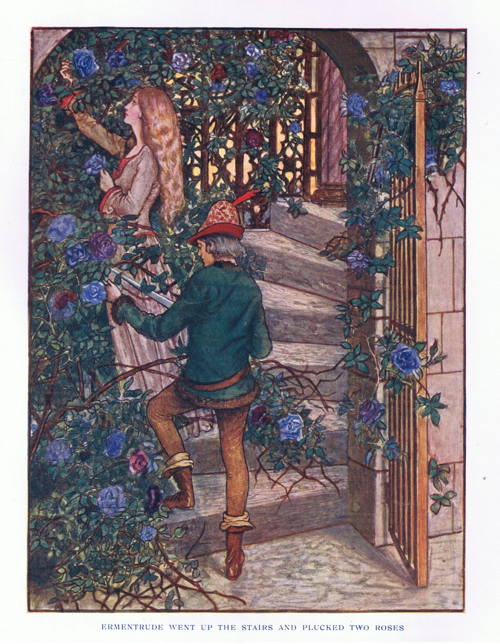 Ermentrude weszła po schodach i zerwała róże, ilustracja z „Pani i bajek”, 1914 autorstwa Maud Tindal Atkinson