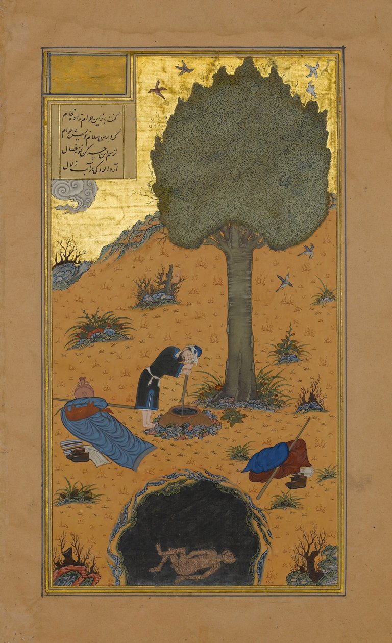 Jak Braggart utonął w studni, Folio 33v z Haft Paikar..., ca. 1430. autorstwa Maulana Azhar